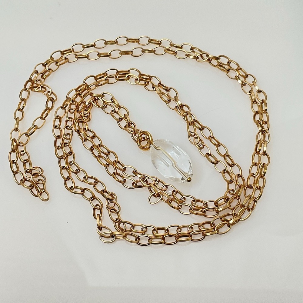 Long Gold Tone Chain Necklace Quartz Pendant 48" Layering Minimalist Light